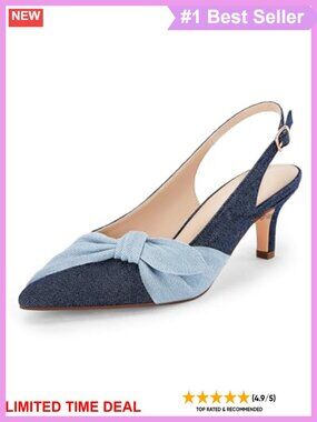 Denim Bow Slingback Kitten Heel Pump Closed Pointed Toe Dress Sandal